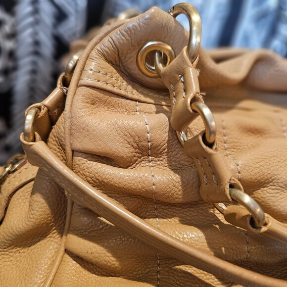 COLE HAAN Ruched Pebble leather top zip East West Shoulder Bag Beige w gold hw - Picture 7 of 13